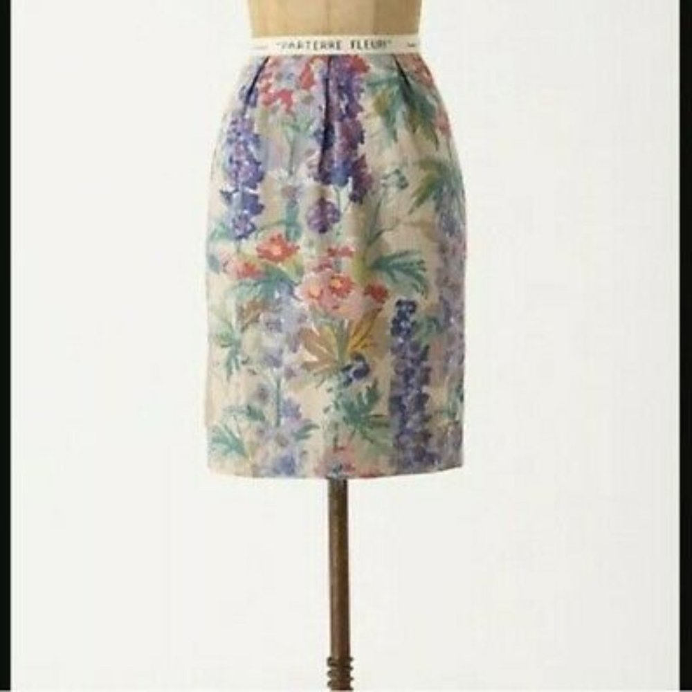 Anthropologie Floreat Gladiolus Floral Linen Blend Pencil Skirt Size 8